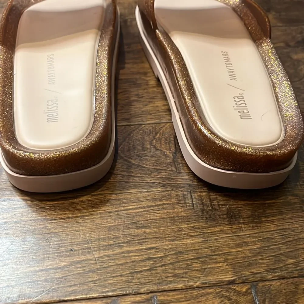 MELISSA BEACH SLIDE PLATFORM + AWAY TO MARS, Gold Glitter, size 6